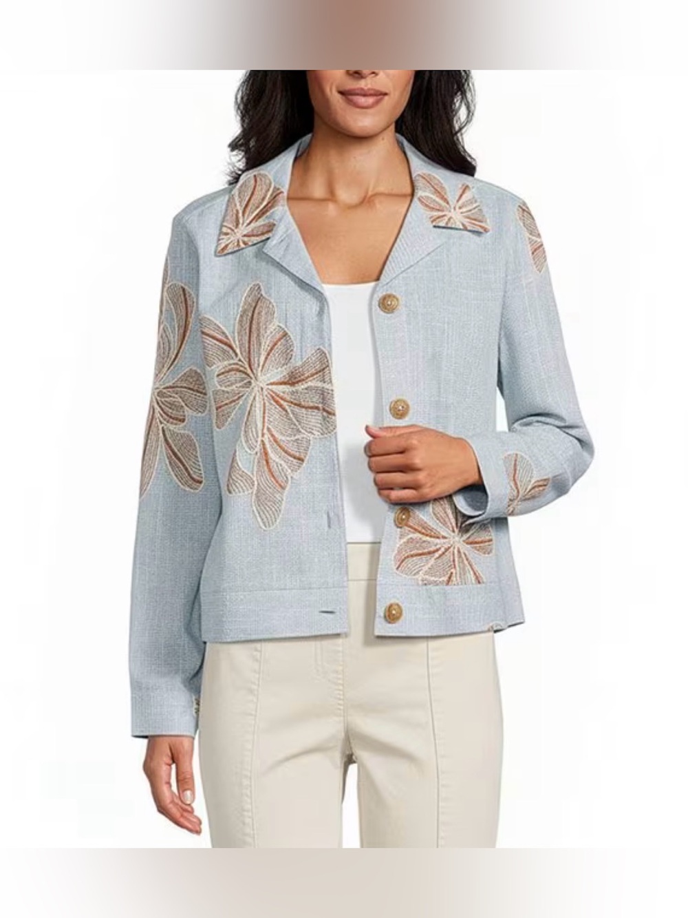 intro. Light Blue Embroidered Floral Button Jacket
